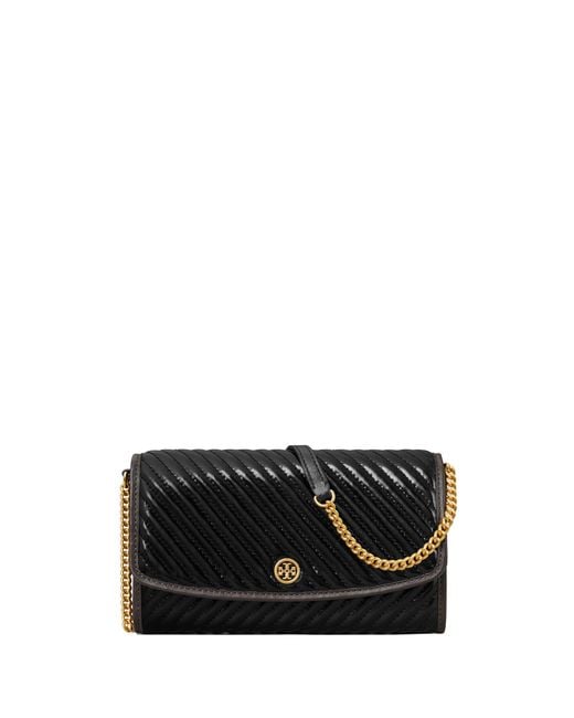 Tory Burch Black Robinson Patent Puffy Quilted Chain Wallet