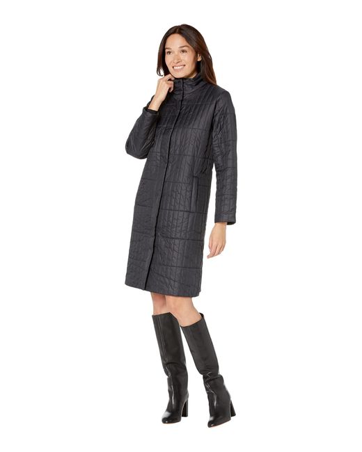 Eileen Fisher Synthetic High Collar Knee Length Coat in Black Lyst