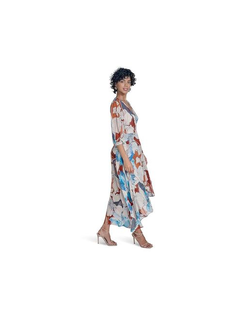 Calvin Klein Black Chiffon Puff Sleeve Faux Wrap Dress, Chiffon/Polyester