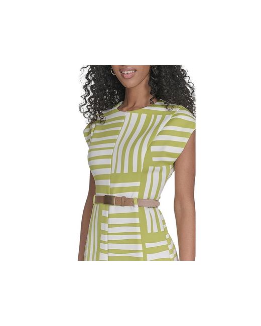 Calvin Klein Green Geo Print With Belt Sheath Dress Celery/Cream, Polyester/Spandex