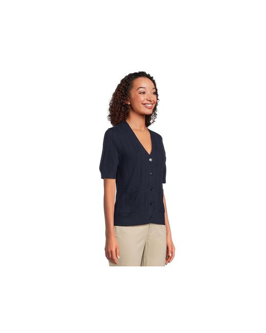 Vince Camuto Blue Rib Short Sleeve V-Neck Cardigan With Pockets Sweater, Acrylic/Nylon/Polyester