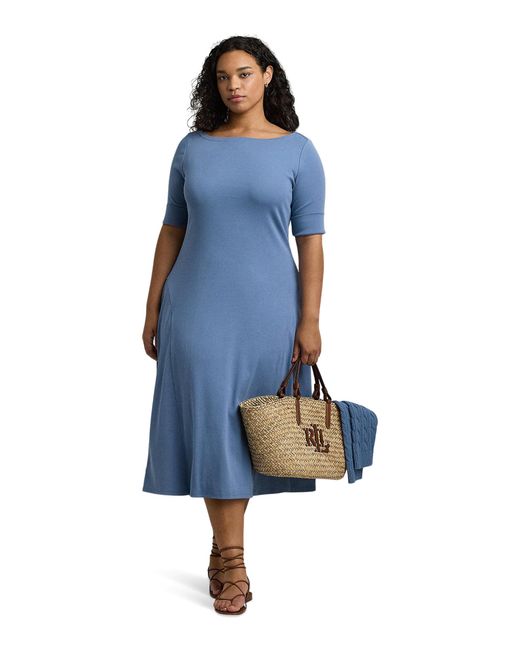 Lauren by Ralph Lauren Blue Plus-size Stretch Cotton Midi Dress