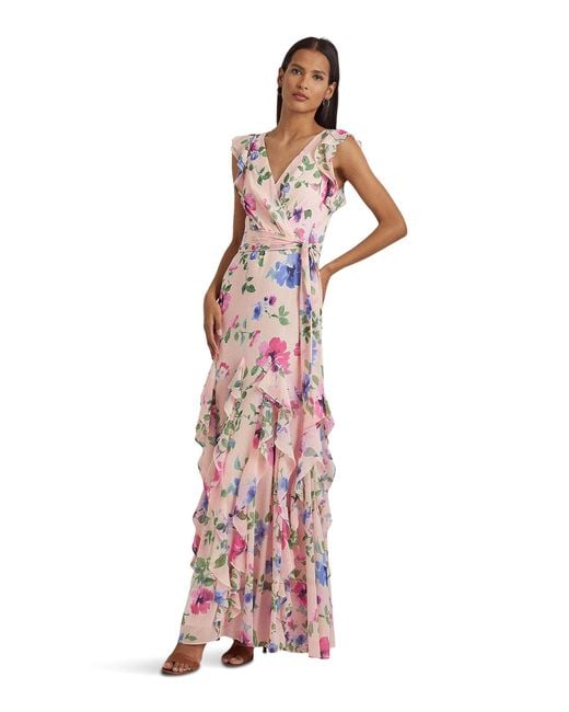 Ralph Lauren Pink Floral Ruffle-trim Georgette Gown