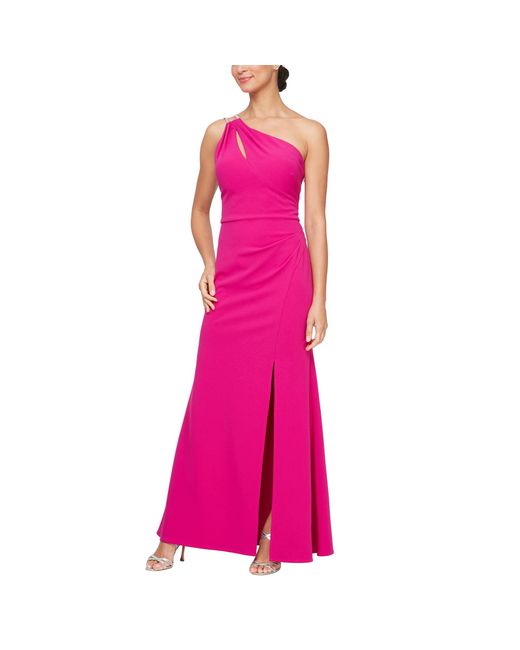 Alex Evenings Pink Long Crepe One Shoulder Dress With Embellished Strap Detail