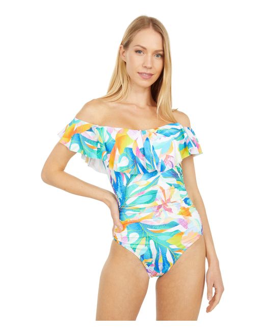 La Blanca Blue Wild Tropic Off-the-shoulder Ruffle Mio One-piece Swimsuit