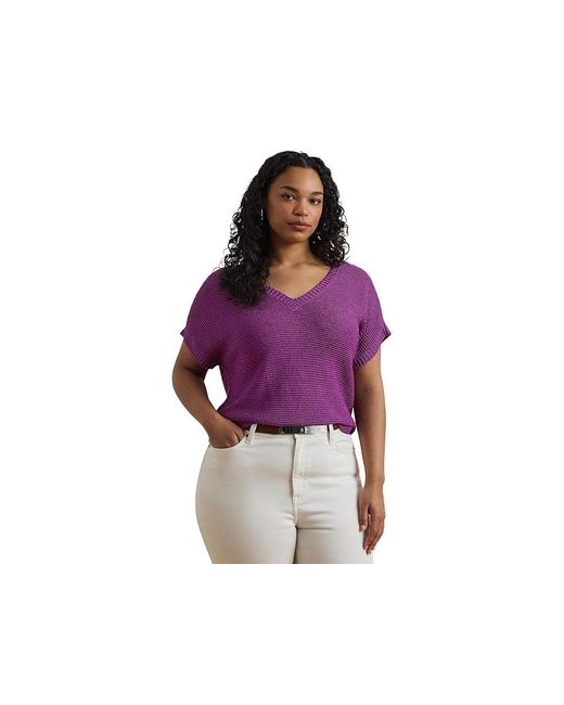 Ralph Lauren Purple Plus Size Linen-Blend Short-Sleeve V-Neck Sweater Sweater, Linen/Viscose