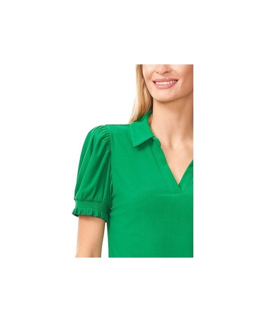 Cece Green Short Sleeve Split-Neck Collared Top Clothing, Polyester/Spandex