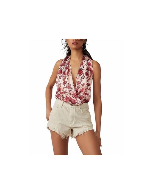 Free People Red Printed There She Goes Bodysuit Jumpsuit & Rompers One Piece Lg 12) Elastane/Polyester