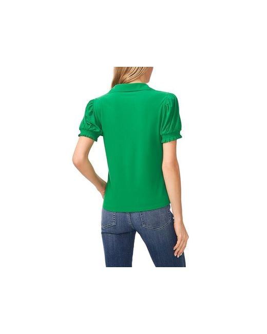 Cece Green Short Sleeve Split-Neck Collared Top Clothing, Polyester/Spandex