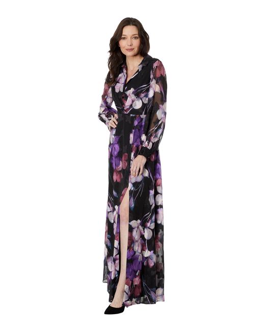 Adrianna Papell Purple Printed Floral Long Sleeve Shirt Dress Gown