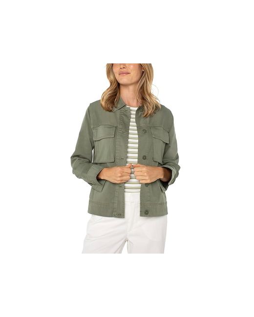 Liverpool Los Angeles Green Button Front Cargo Jacket Coat, Cotton/Rayon/Spandex