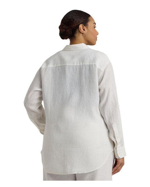 Lauren by Ralph Lauren White Plus-size Oversize Floral Eyelet-logo Linen Shirt