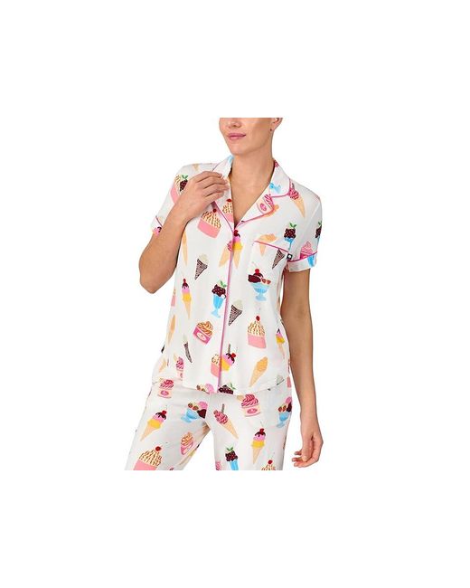 Kate Spade Black Short Sleeve Cropped Pant Pj Set Pajama Sets, Polyester/Spandex