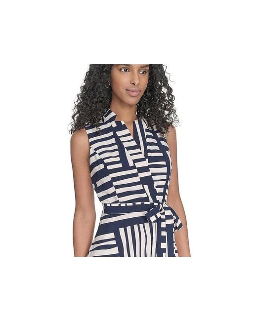 Calvin Klein Black Geo Print Faux Wrap Dress Dress Indgo/Cream, Polyester/Spandex