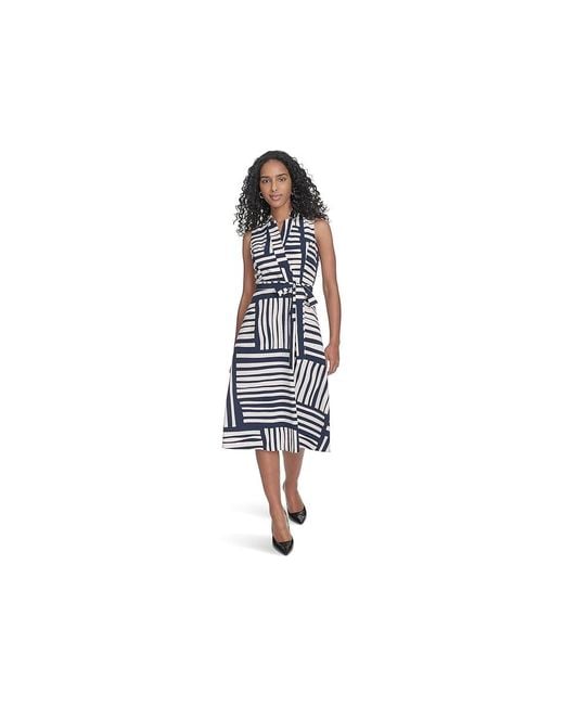 Calvin Klein Black Geo Print Faux Wrap Dress Dress Indgo/Cream, Polyester/Spandex