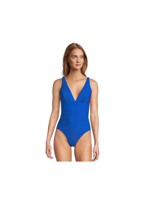 Tommy Bahama Blue Ocean Point Over-The-Shoulder V-Neck One-Piece Swimsuits One Piece, Mesh/Nylon/Spandex