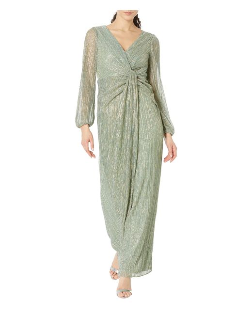 Adrianna Papell Long Sleeve Crinkle Metallic Gown With Draped Waist ...