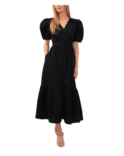 Cece Black Cotton Poplin Short Puff Sleeve Maxi Dress