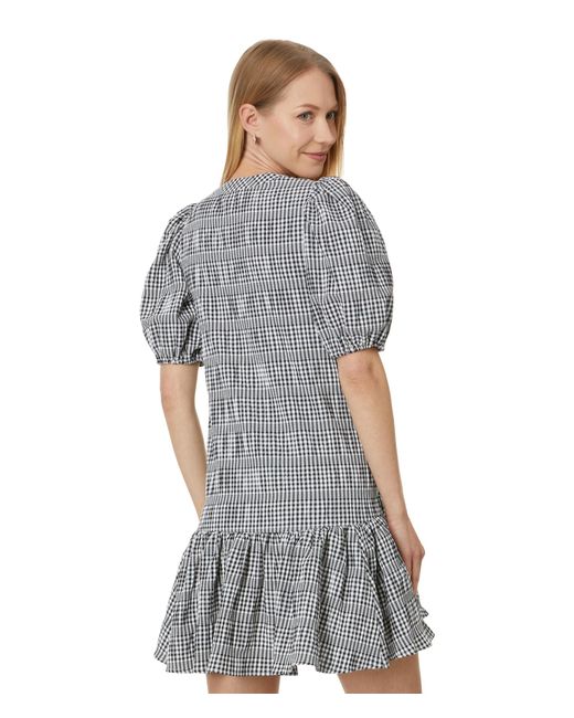 Calvin Klein Gray Gingham Print Gauze Dress With Puff Sleeve