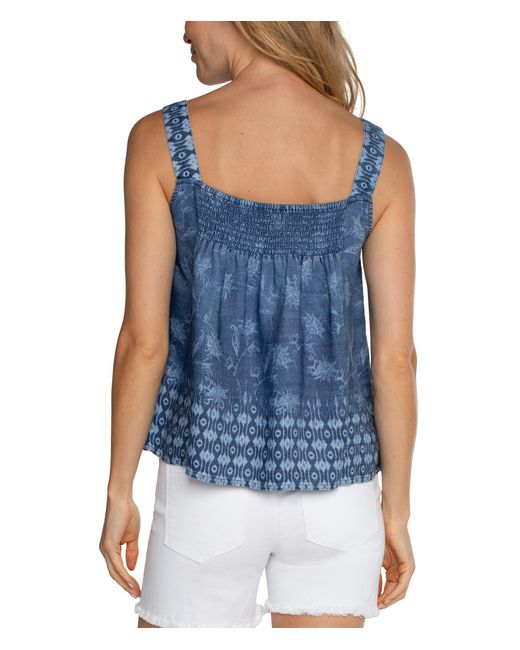Liverpool Los Angeles Blue Slvless V Neck Easy Fit Tank With Smocking