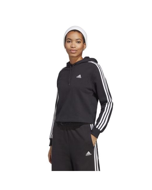 adidas Essentials 3-stripes French Terry Cropped Hoodie in Blue | Lyst