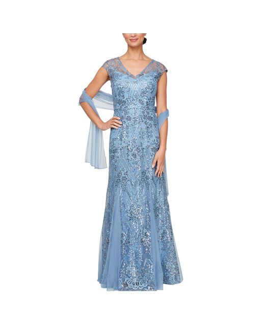 Alex Evenings Blue Long Embroidered Fit And Flare Gown