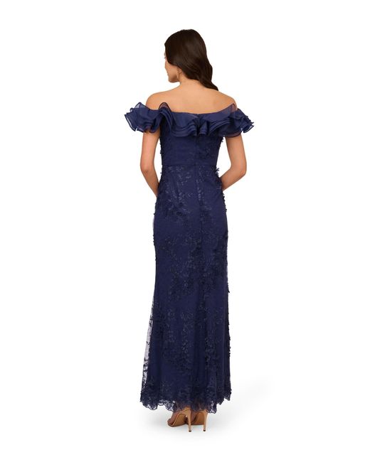 Adrianna Papell Blue Floral Ruffle Gown