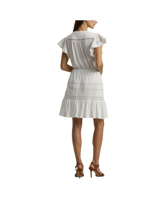 Lauren by Ralph Lauren White Lace-trim Jersey Flutter-sleeve Dress