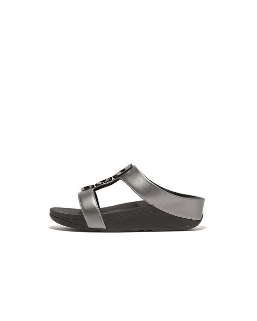 Fitflop Black Halo Bead-Circle Metallic H-Bar Slides Sandals 10 M (B) Leather