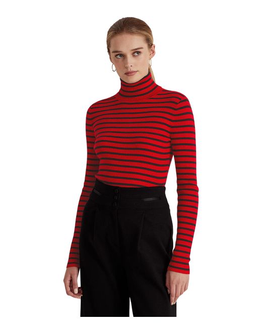 Lauren by Ralph Lauren Striped Cotton-blend Turtleneck Sweater in Red ...