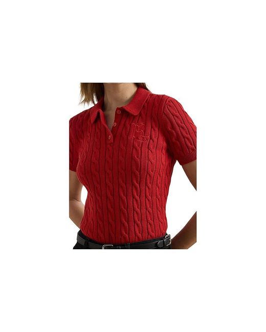 Ralph Lauren Red Petite Cable-Knit Cotton Polo Sweater Sweater