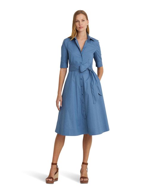 Lauren by Ralph Lauren Blue Belted Cotton-blend Shirtdress