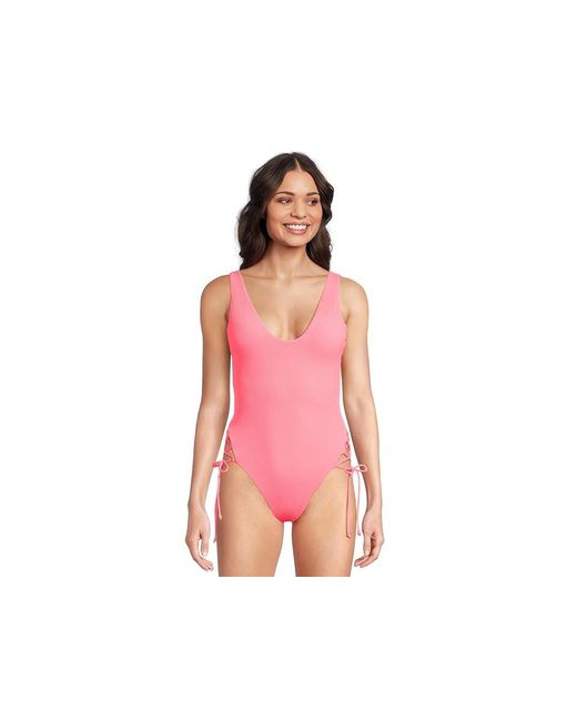 Becca Pink Modern Edge Rib Sophie Lace Up One Piece Swimsuits One Piece, Nylon/Spandex