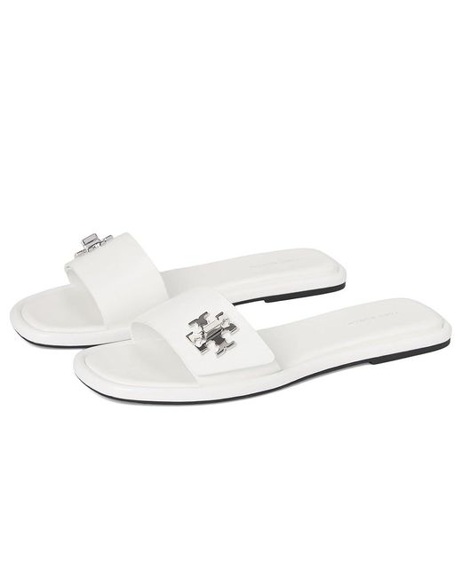 Tory Burch White T Lock Slide Wedge Shoes, Leather