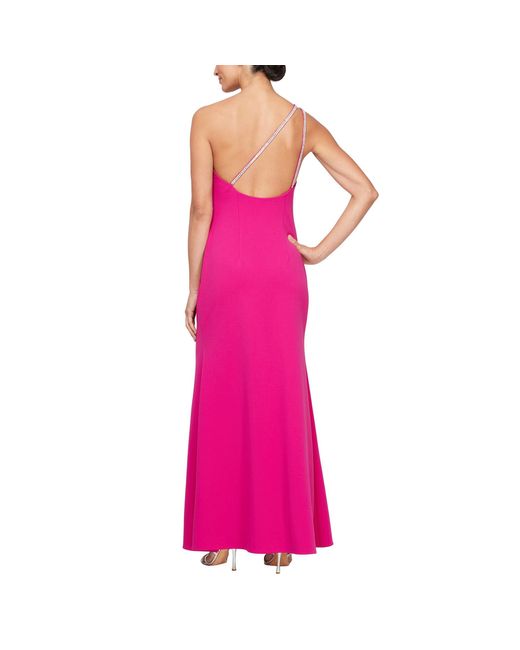 Alex Evenings Pink Long Crepe One Shoulder Dress With Embellished Strap Detail