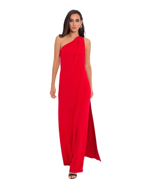 Betsy & Adam Synthetic One Shoulder Crepe Overlay Gown in Red | Lyst