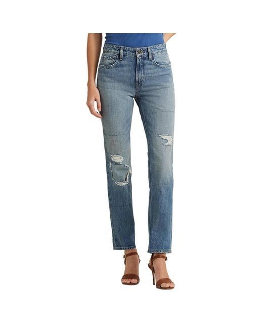 Lauren by Ralph Lauren Blue Distressed High-rise Straight Ankle Jeans In Cassis Wash