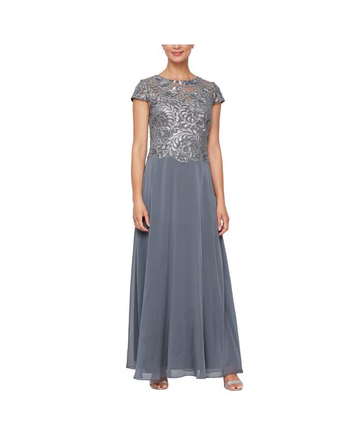 Alex Evenings Gray Long A-line Mock Dress With Embroidered Sequin Cap Sleeve Bodice