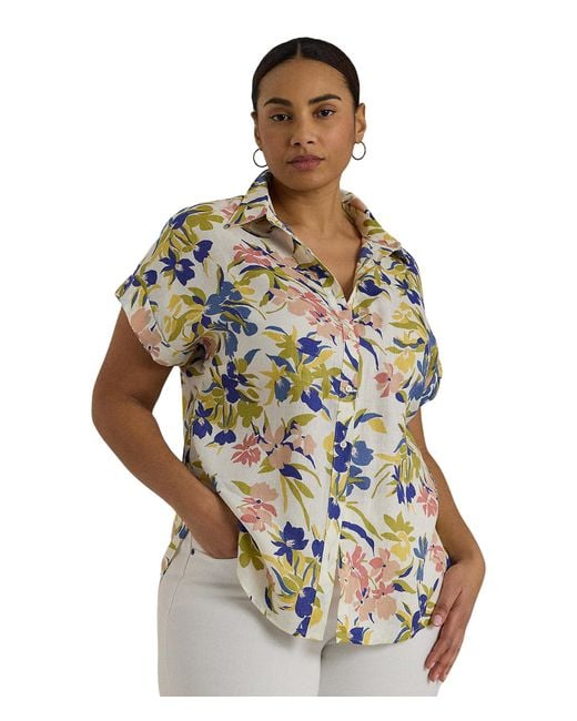 Lauren by Ralph Lauren Blue Plus-size Relaxed Fit Floral Short-sleeve Shirt