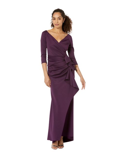 Xscape Purple Long Sleeve Scuba Dress With Side Ruching