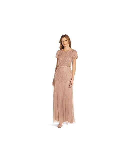 Adrianna Papell Black Boat Neck Short Sleeve Blouson Beaded Gown Dress, Polyester