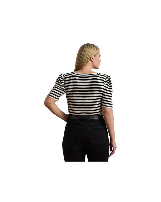 売れ筋商品|||ラルフローレン カットソー トップス レディース Plus Size Striped Cotton Jersey Puff-Sleeve Tee Aqua Pearl Mascarpone Cream Ralph Lauren Plus Size Striped Cotton Jersey Puff-Sleeve T
