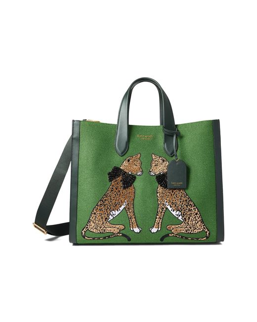 Kate Spade Green Manhattan Lady Leopard Embroidered Fabric Large Tote
