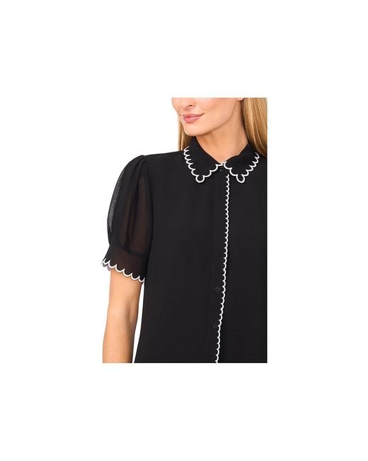 Cece Blue Short Sleeve Scallop Contrast Trim Button Up Top Clothing, Polyester