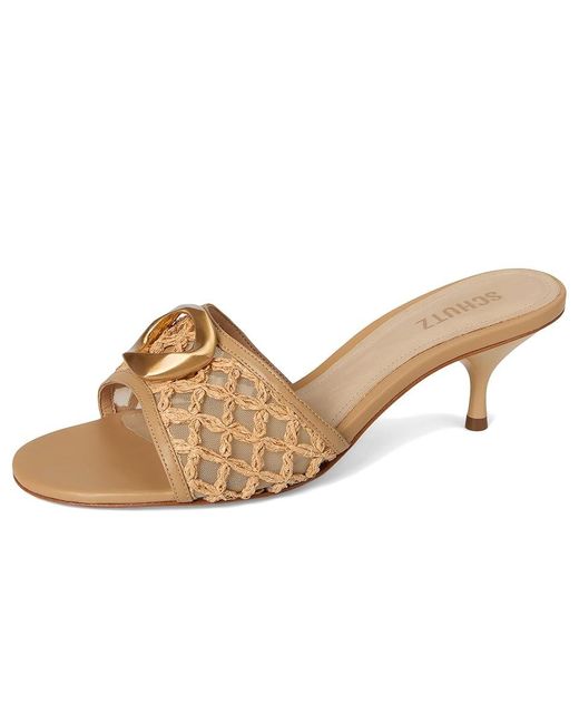 SCHUTZ SHOES Multicolor Olga Kitten Embroidery Wedge Shoes Caramelo/Egg Shell/Light Wood, Leather