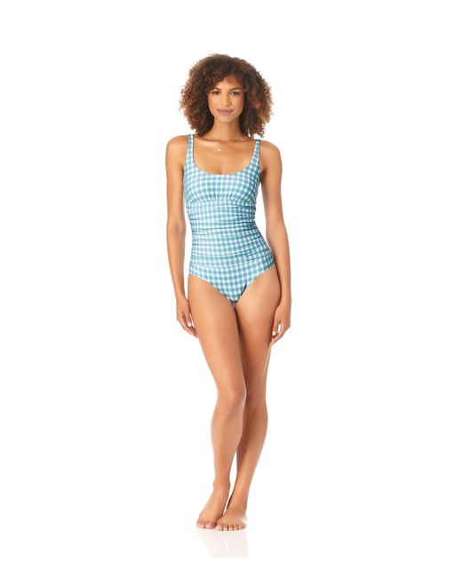 Anne Cole Synthetic Scoop Neck Shirred One piece In Blue Lyst