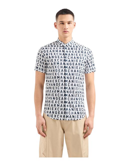 Armani Exchange White Slim Fit Short Sleeve Ax Text Print Button-down Shirt for men