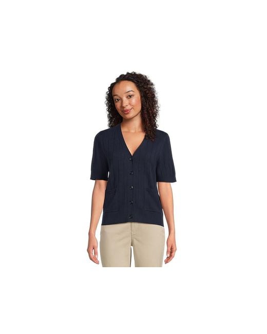 Vince Camuto Blue Rib Short Sleeve V-Neck Cardigan With Pockets Sweater, Acrylic/Nylon/Polyester