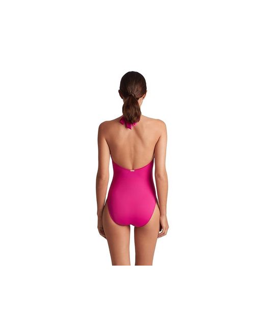 Ralph Lauren Red Beach Club Solid Macrame Ring High Neck One-Piece Swimsuits One Piece, Polyester
