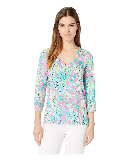 Lilly Pulitzer Blue Etta 3/4 Sleeve Top (multi Bohemian Queen Small) Women's Clothing